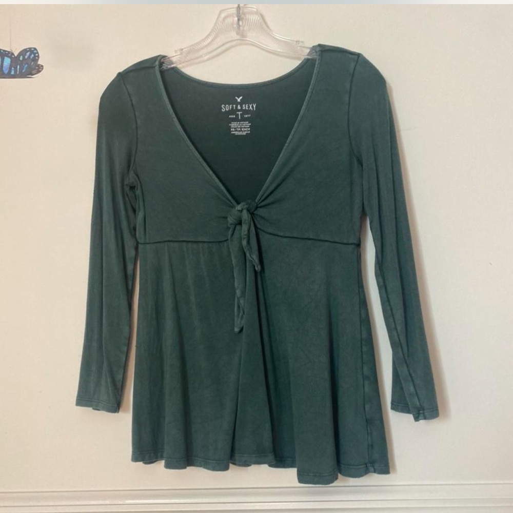 American Eagle Outfitters Deep Green Tie-Front Blouse